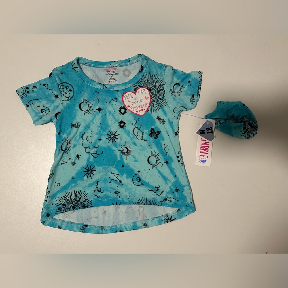 NWT Pink Sparkle 3T Blue Shirt and Scrunchie Set